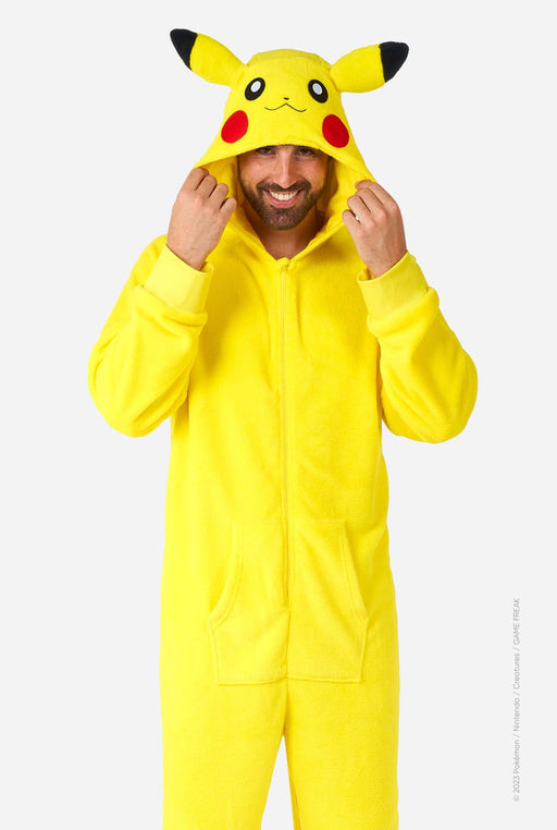 A man wearing an Adult Pokémon Pikachu Onsie Costume.