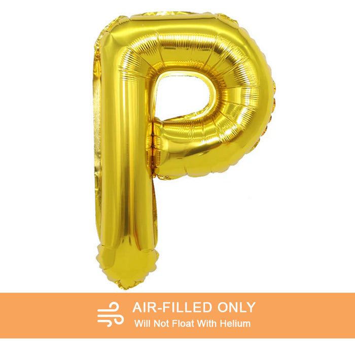 A 16-inchAir Filled Gold Mylar Letter Balloon in the letter P.