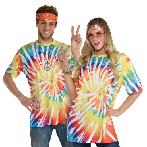 A man and women wearing 60s Hippy Tie-Dye T-Shirts.