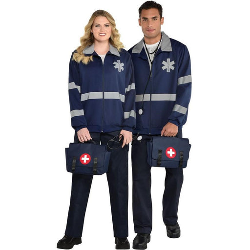 A man and women wearing Reflective EMT Jackets.