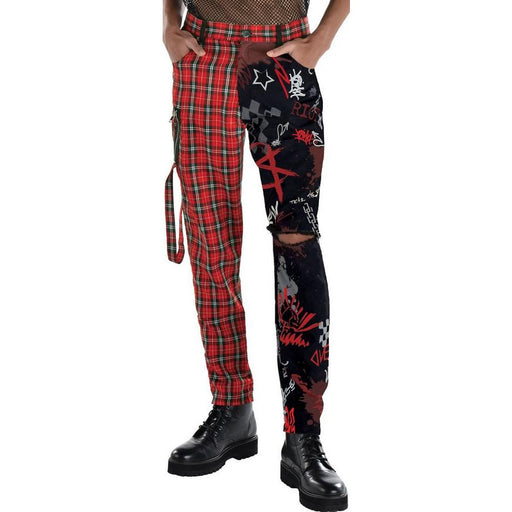 A Person wearing a pair of adult 2-tone Red Plaid& Black Punk pants.