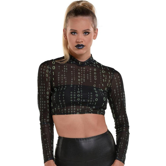 A women wearing a Adult Sheer Black Binary-Print Mock Neck Cropped Mesh Long Sleeve Top.