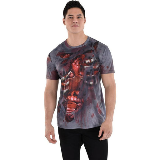 A man wearing an Adult Bloody Guts T-Shirt. 