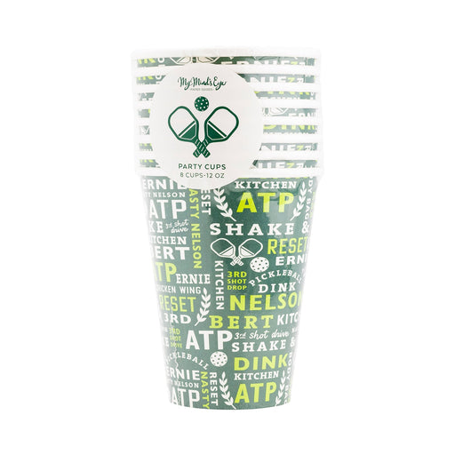 An 8 count package of 12 ounce Pickleball Paper Cups.