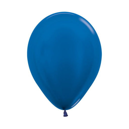 An inflated 11-inch Metallic Blue Latex Balloon.