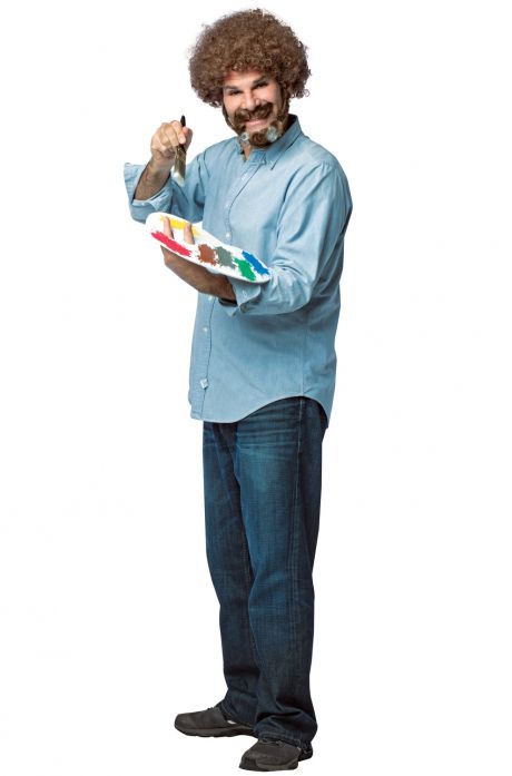 A man wearing a Bob Ross Costume Kit.