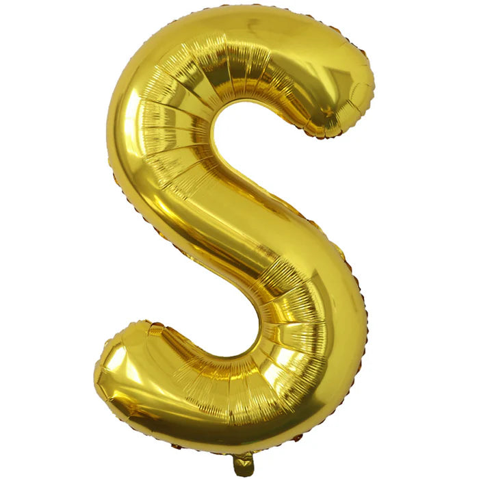 A 34-inch Gold Jumbo Metallic Balloon in the letter S.