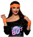 A women wearing a 80's costume featuring an 80's headband set in neon orange.