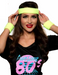 A women wearing a 80's costume featuring an 80's headband set in neon yellow.