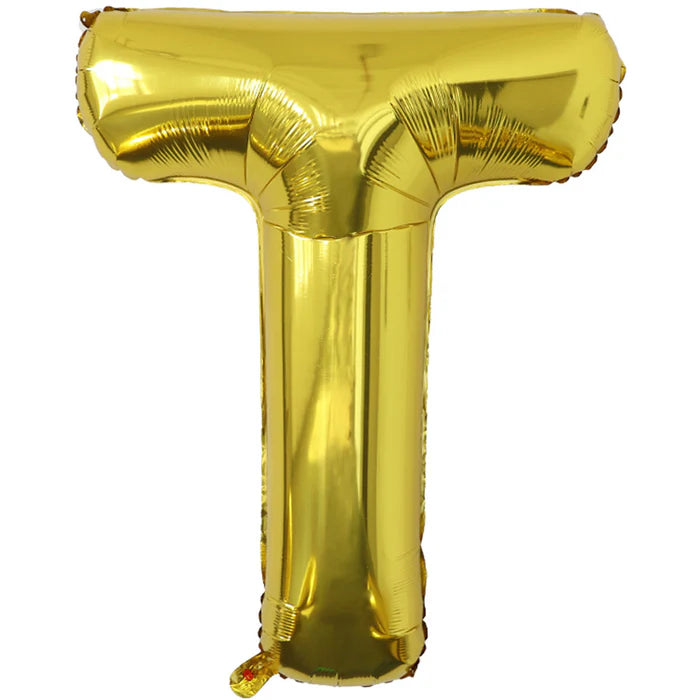 A 34-inch Gold Jumbo Metallic Balloon in the letter T.