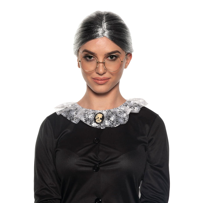 A lady wearing an Old Lady Bun Adult Costume Wig.