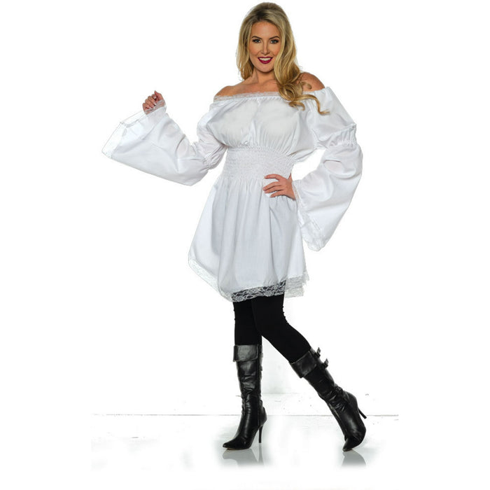 A women wearing a Women's Versatile White Medieval Peasant Shirt.