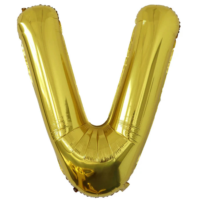 A 34-inch Gold Jumbo Metallic Balloon in the letter V.