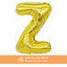 A 16-inchAir Filled Gold Mylar Letter Balloon in the letter Z.