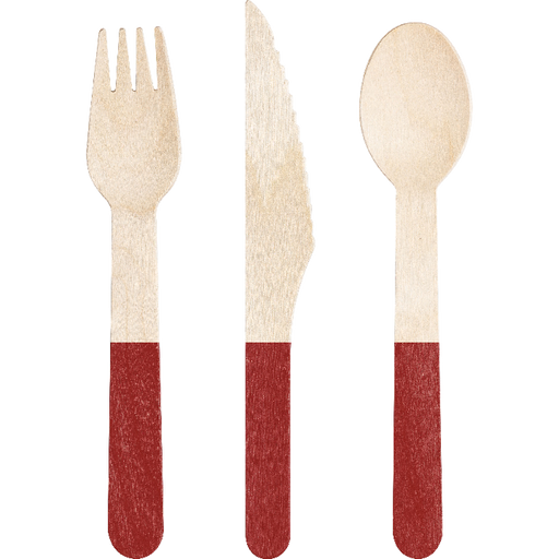 A 6.5-inch fork, spoon, and knife from Red Wood Assorted Cutlery pack.  Comes in a pack of 24.