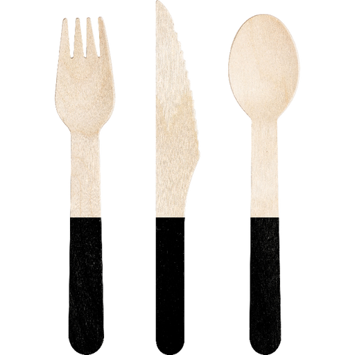 A 6.5-inch fork, spoon, and knife from black Wood Assorted Cutlery pack.  Comes in a pack of 24.