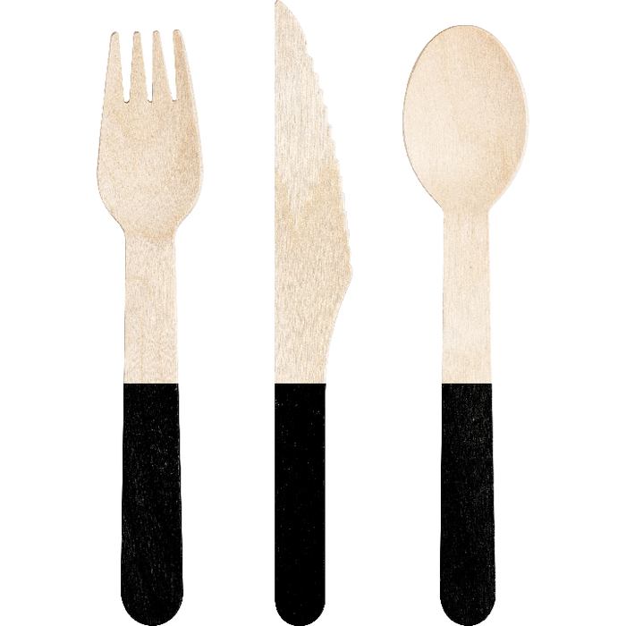 A 6.5-inch fork, spoon, and knife from black Wood Assorted Cutlery pack.  Comes in a pack of 24.