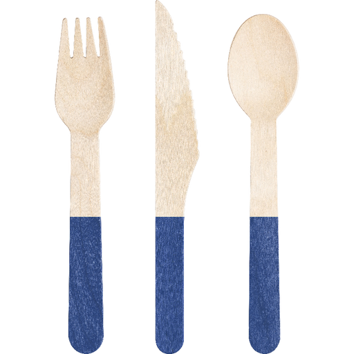 A 6.5-inch fork, spoon, and knife from Cobalt Blue Wood Assorted Cutlery pack.  Comes in a pack of 24.