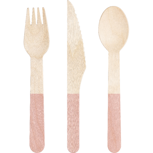 A 6.5-inch fork, spoon, and knife from Classic pink Wood Assorted Cutlery pack.  Comes in a pack of 24.