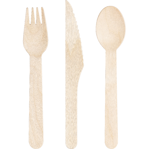 A 6.5-inch fork, spoon, and knife from Natrual Wood Assorted Cutlery pack.  Comes in a pack of 24.