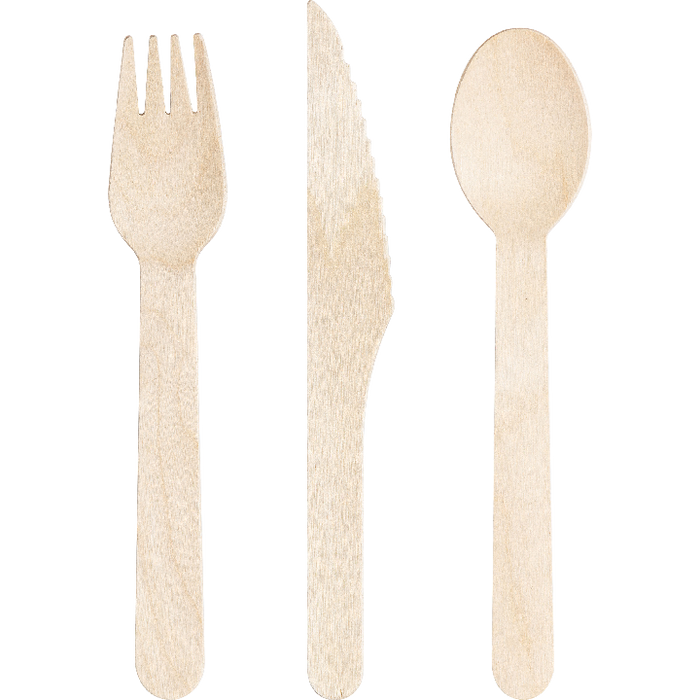 A 6.5-inch fork, spoon, and knife from Natrual Wood Assorted Cutlery pack.  Comes in a pack of 24.