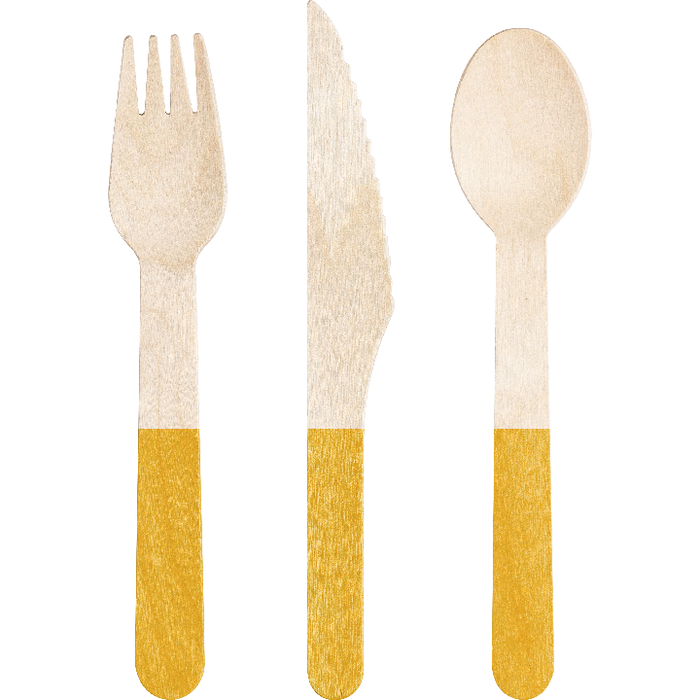 A 6.5-inch fork, spoon, and knife from Yellow Wood Assorted Cutlery pack.  Comes in a pack of 24.