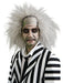 A man in a Beetlejuice costume wearing a Adult Beetlejuice Wig.