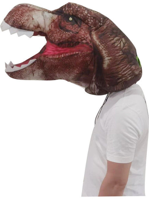 A person wearing a Inflatable Photo Real Jurassic T-Rex Dinosaur Head.