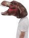 A person wearing a Inflatable Photo Real Jurassic T-Rex Dinosaur Head.