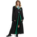 Features a black robe with Slytherin crest and green satin lined hood. 