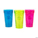 An image showing three 20 ounce Tiki Head Plastic Cups.  One in each available color Blue, Green, and pink.