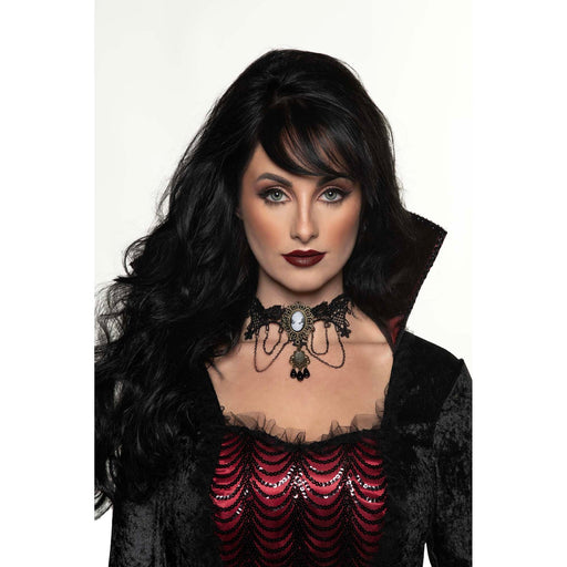 A women wearing a Adult Gothic Cameo Lace Choker.