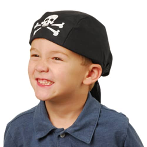 A kid wearing a Pirate Head Scarve.