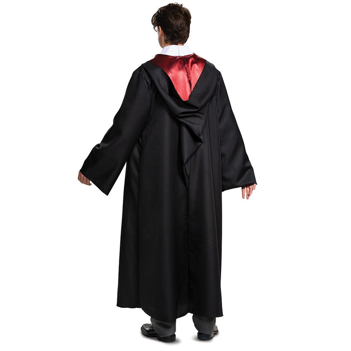  The Harry Potter Adult Deluxe Gryffindor Robe features a black robe with a Gryffindor Lion crest and red satin-lined hood and lapels.