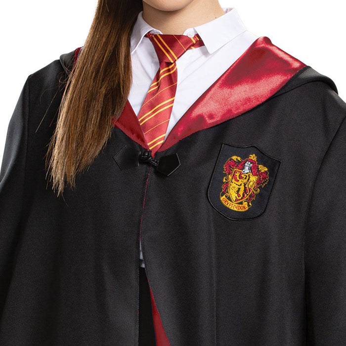  The Harry Potter Adult Deluxe Gryffindor Robe features a black robe with a Gryffindor Lion crest and red satin-lined hood and lapels.