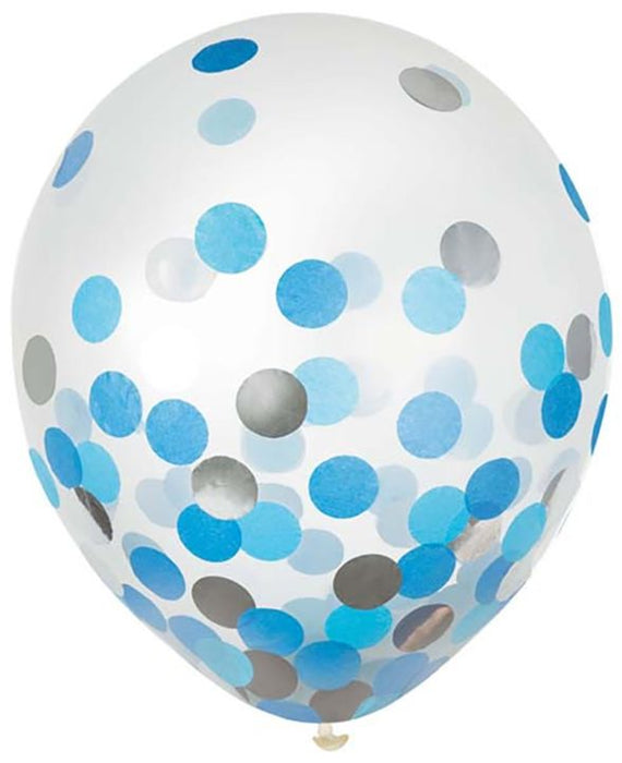 12" Blue and Silver Confetti Latex Balloon Pack | 6 ct