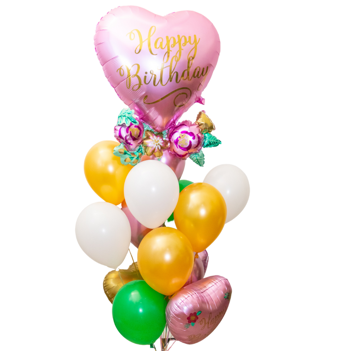 Birthday Satin Heart W/Flowers Deluxe Bouquet