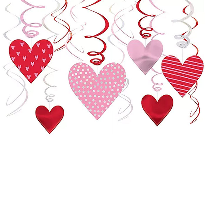 Valentine's Metallic Pink & Red Patterned Heart Cardstock & Foil Swirl Decorations | 12ct