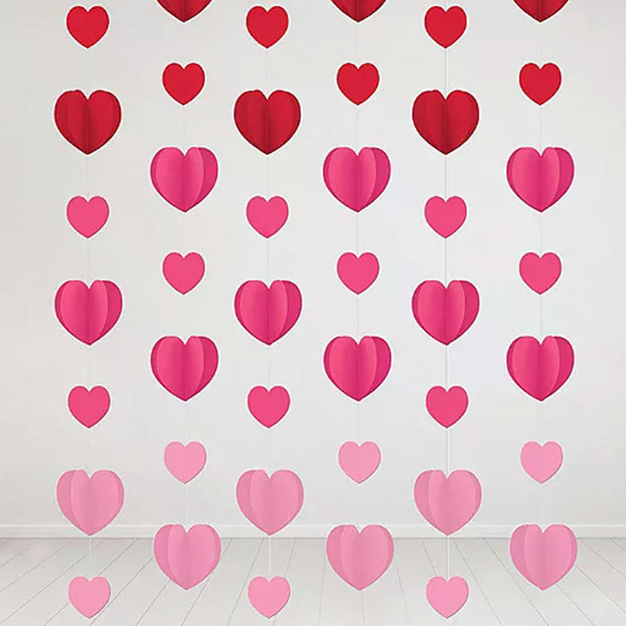 Valentine's Red & Pink Dimensional Heart Paper String Decorations, 7ft | 12ct