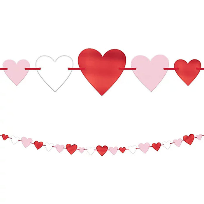 Valentine's Pink, Red & White Heart Cardstock & Foil Garland 12' | 1ct