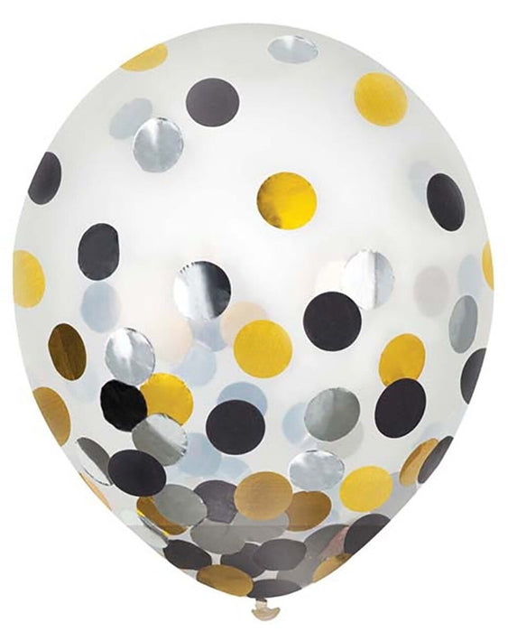 12" Gold, Silver, & Black Confetti Latex Balloon Pack | 6 ct