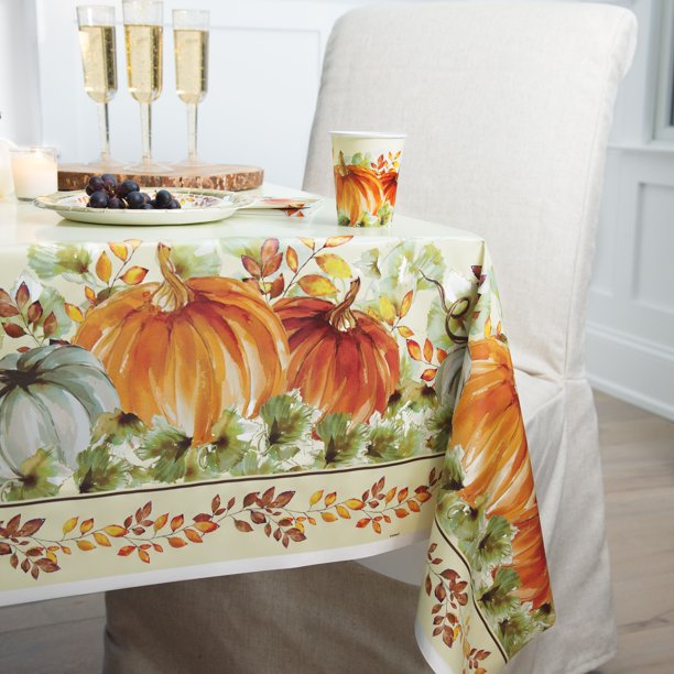 Thanksgiving Watercolor Fall Pumpkin Plastic Tablecover | 1 ct