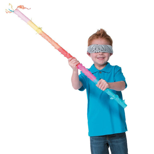 A boy with a blindfold on holding a 30" Carnival Piñata Bat  ready to hit a Pinata.